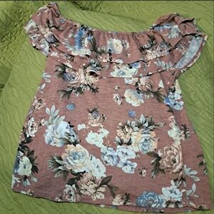 Flower Flowy Ruffled Top/Over the Shoulder Top.